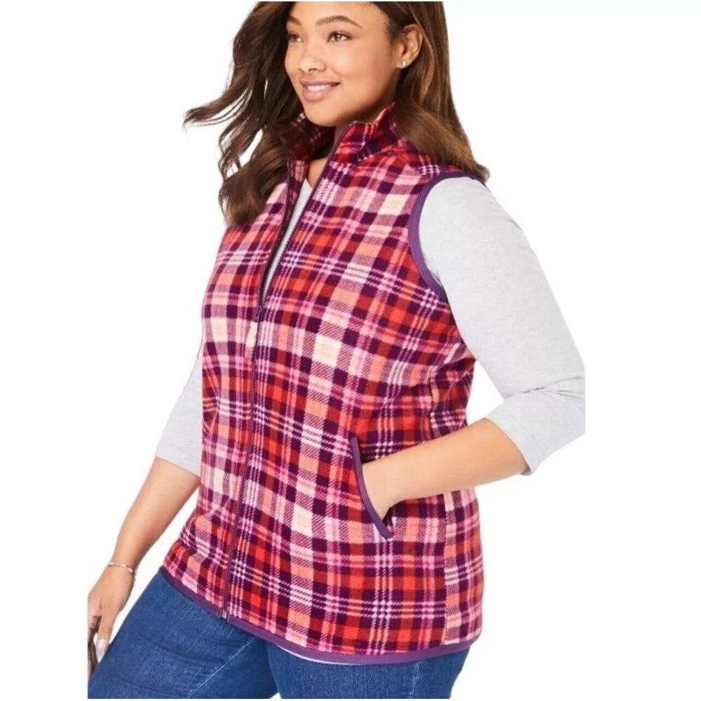 Woman Within Microfleece Vest Plus Size 4X (34/36) Pink‎ Plaid Zip-Front Pockets